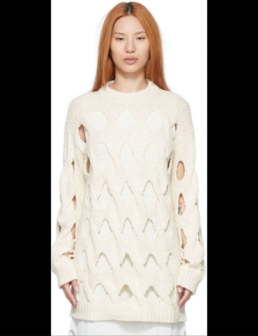 Rus Organic Cotton Cream White Amu Cut Out Knit Sweater M